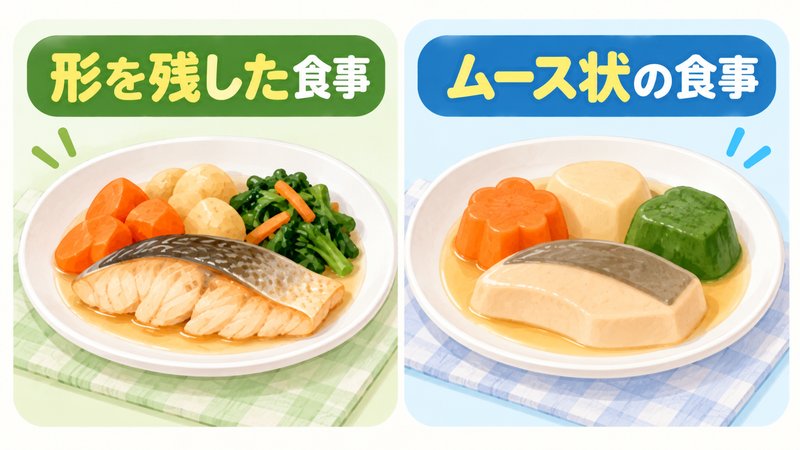 食材の形を残したやわらかい宅配弁当とムース状の食事を比較した図解