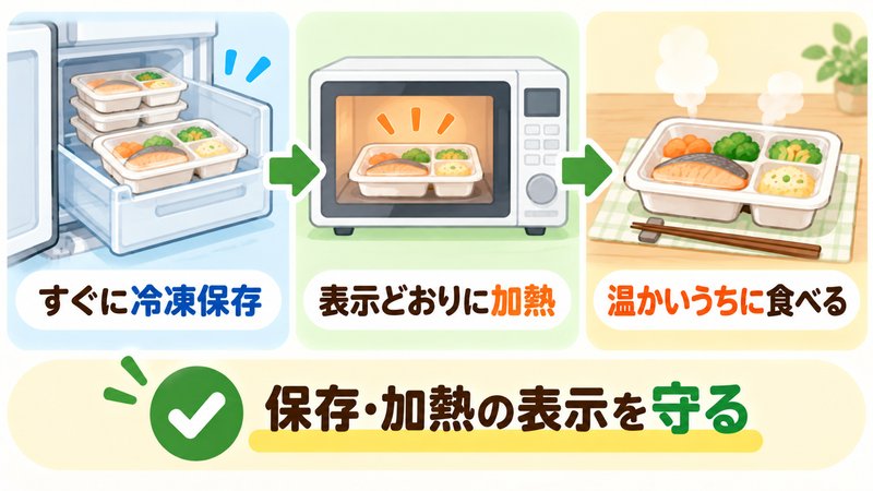冷凍宅配弁当を冷凍保存し、表示どおりに加熱して食べる3ステップの図解
