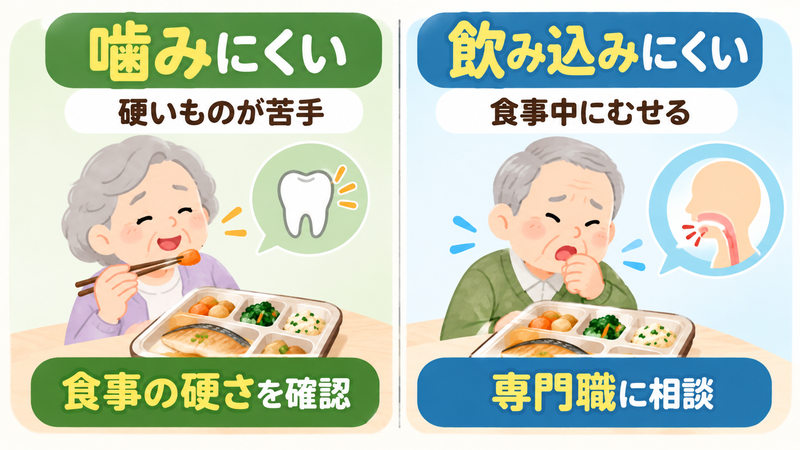 高齢者の噛みにくさと飲み込みにくさの違いを比較した図解