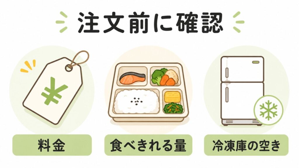 高齢者向け宅配弁当を選ぶときの注意点を説明している図解