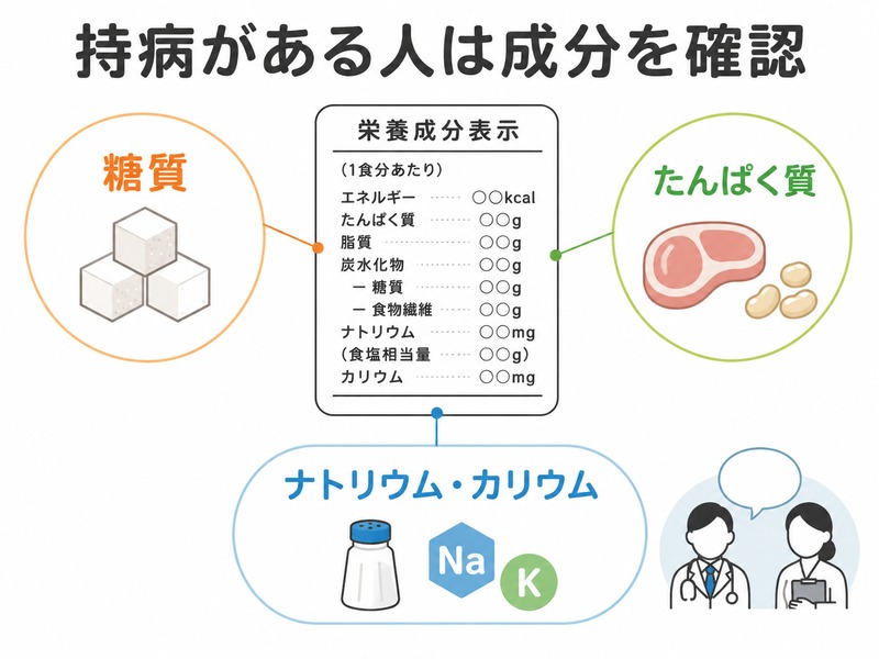 糖尿病や腎臓病がある人は栄養成分を確認する