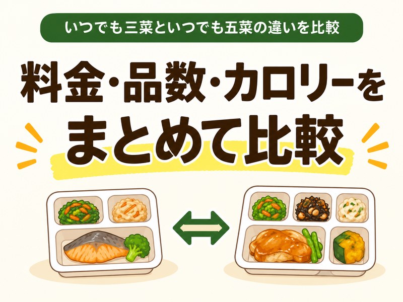 いつでも三菜といつでも五菜の料金・品数・カロリーを比較するイメージ