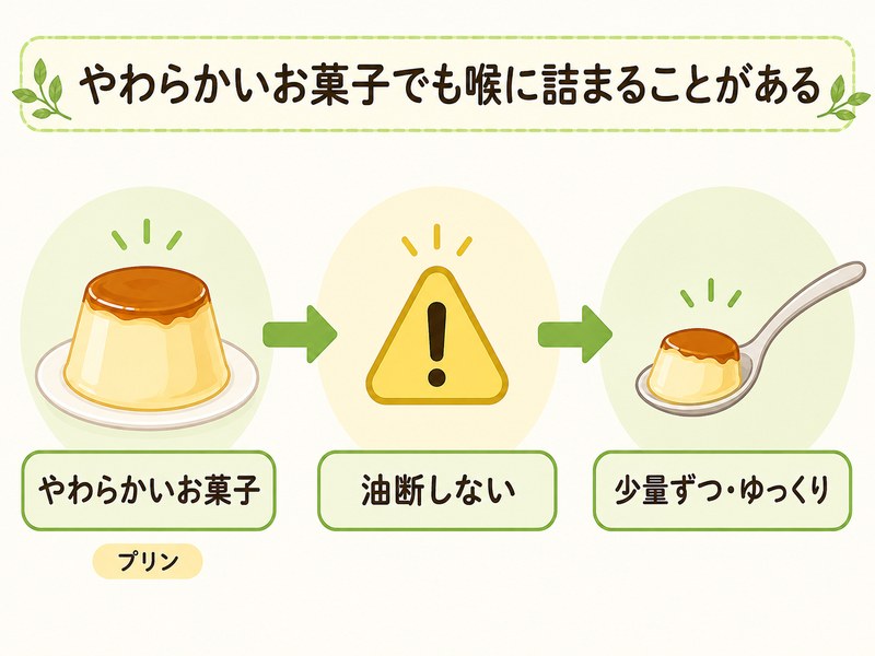 高齢者はやわらかいお菓子でも少量ずつゆっくり食べることを示す図解