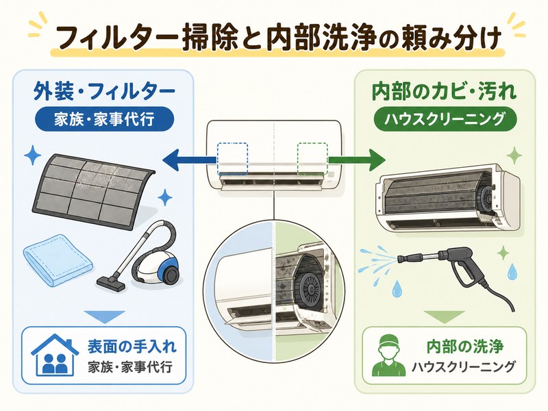 エアコンの外装・フィルター掃除と内部洗浄の頼み分けを示した図解