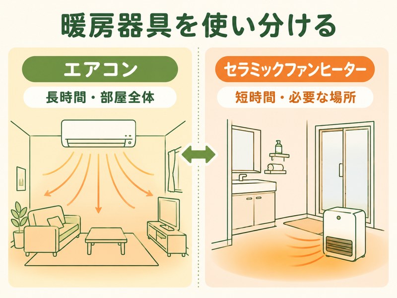 高齢者向け暖房器具でエアコンとセラミックファンヒーターを使い分ける図解