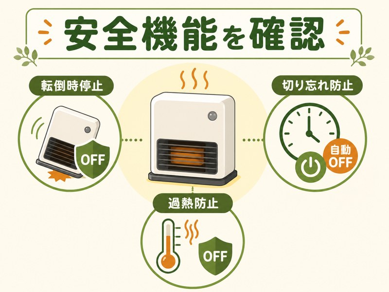 高齢者向け暖房器具の転倒時停止・切り忘れ防止・過熱防止を示した図解