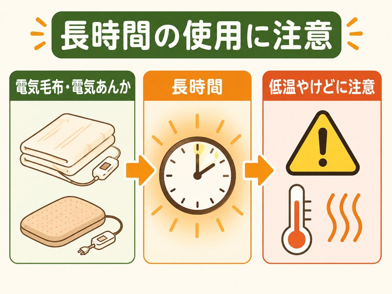 電気毛布や電気あんかを長時間使用すると低温やけどにつながることを示した図解