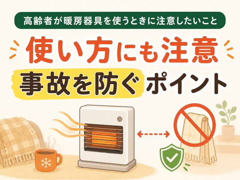 高齢者が暖房器具を安全に使うための注意点を示したイラスト