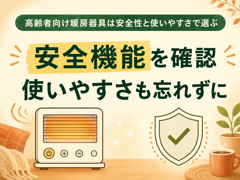高齢者向け暖房器具の安全機能と使いやすさを示したイラスト