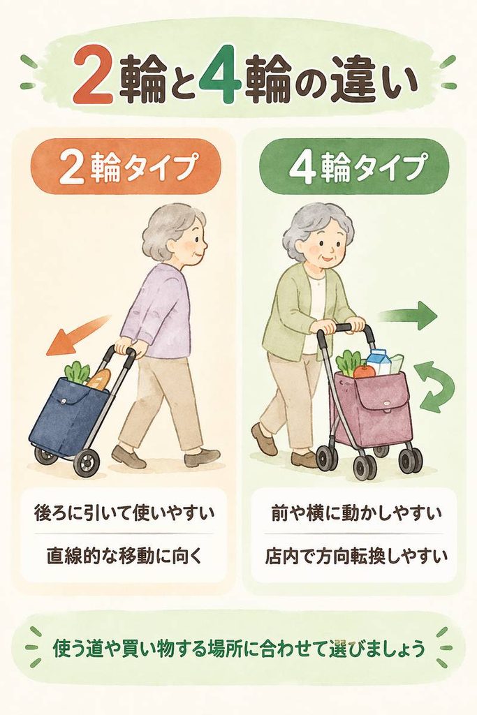 高齢者向け買い物カートの2輪と4輪の違いを比較した図解