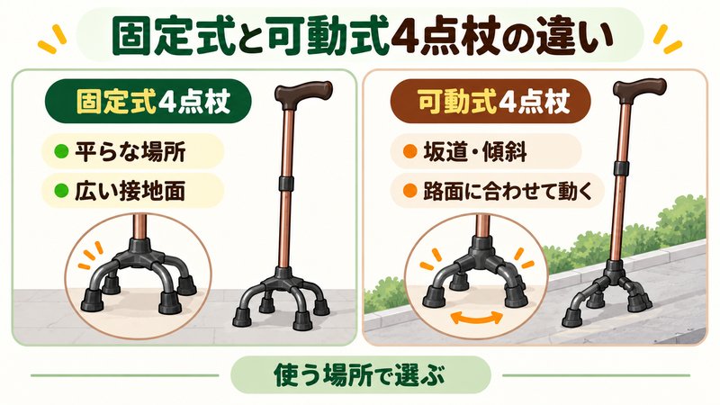 高齢者向け4点杖の固定式と可動式を使う場所で比較した図解