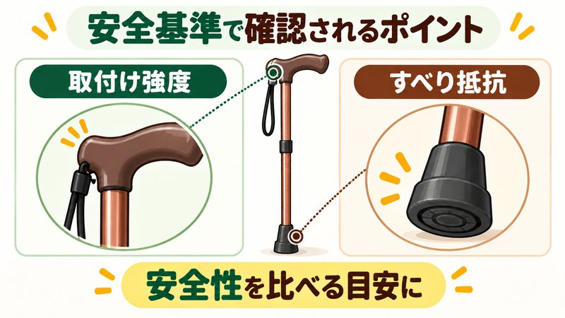 高齢者向け杖の安全基準で確認される取付け強度とすべり抵抗の図解