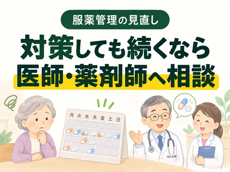 高齢者の薬の飲み忘れが続く場合に医師や薬剤師へ相談する様子