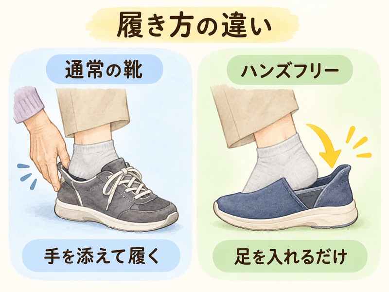 通常の靴とハンズフリータイプの履き方を比較した図解