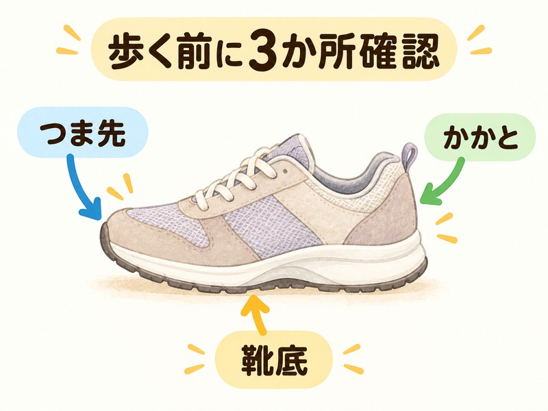高齢者の靴でつま先・かかと・靴底を確認する図解
