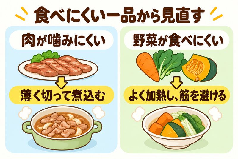 高齢者が食べにくい肉と野菜を薄切りや加熱で調整する図解