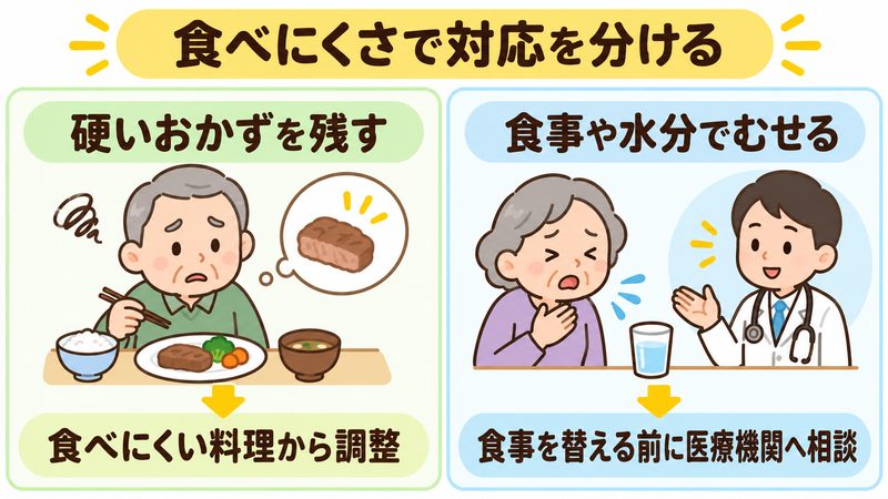 高齢者の食事で硬いおかずを残す場合とむせる場合の対応を比較した図解