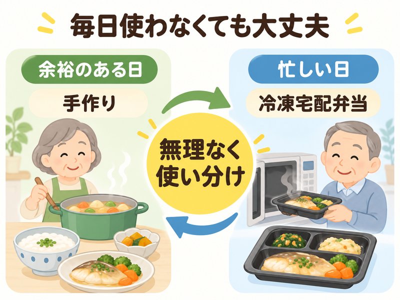 余裕のある日は手作り、忙しい日は冷凍宅配弁当を使い分ける図