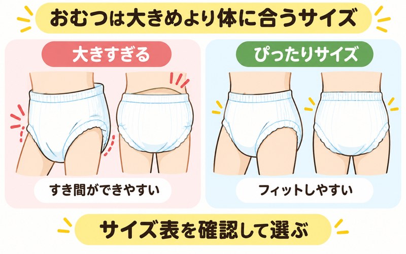 高齢者のおむつは大きめではなく体に合うサイズを選ぶ図解