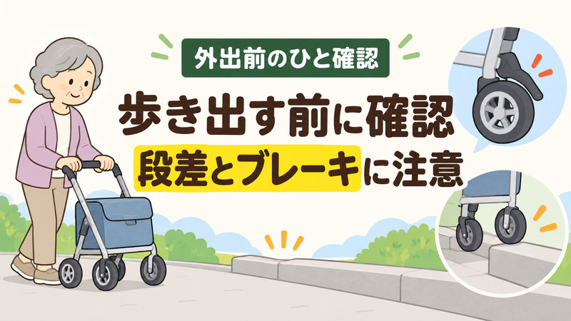 シルバーカーで外出する前に段差とブレーキを確認する様子