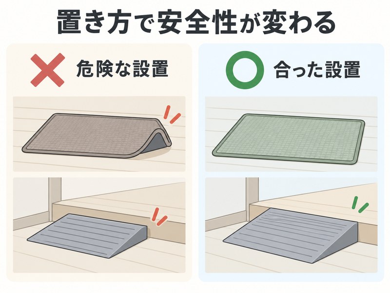 高齢者の転倒防止グッズの危険な設置と安全な設置を比較した図解