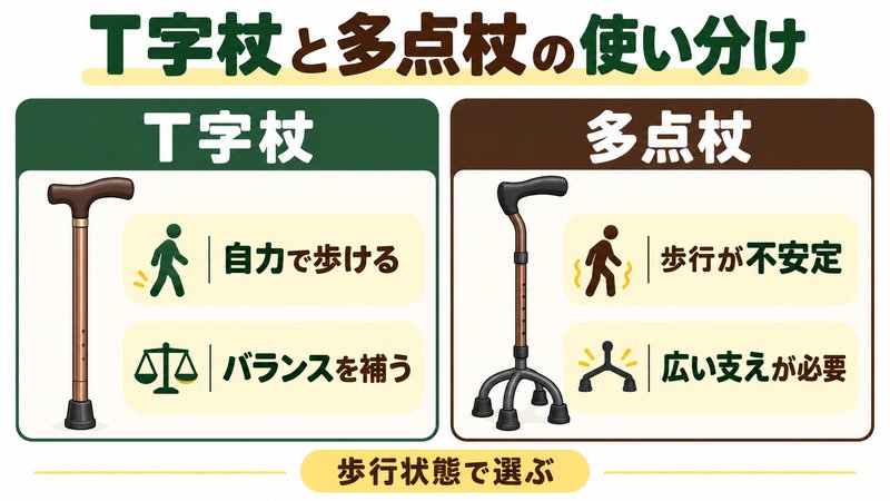 高齢者向けのT字杖と多点杖を歩行状態で使い分ける図解