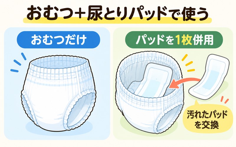 高齢者のおむつに尿とりパッドを1枚併用する使い方の図解