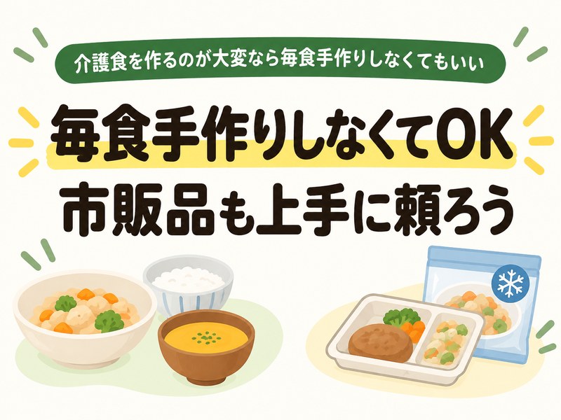 介護食を毎食手作りせず、市販品や冷凍食品も活用する方法を示した図