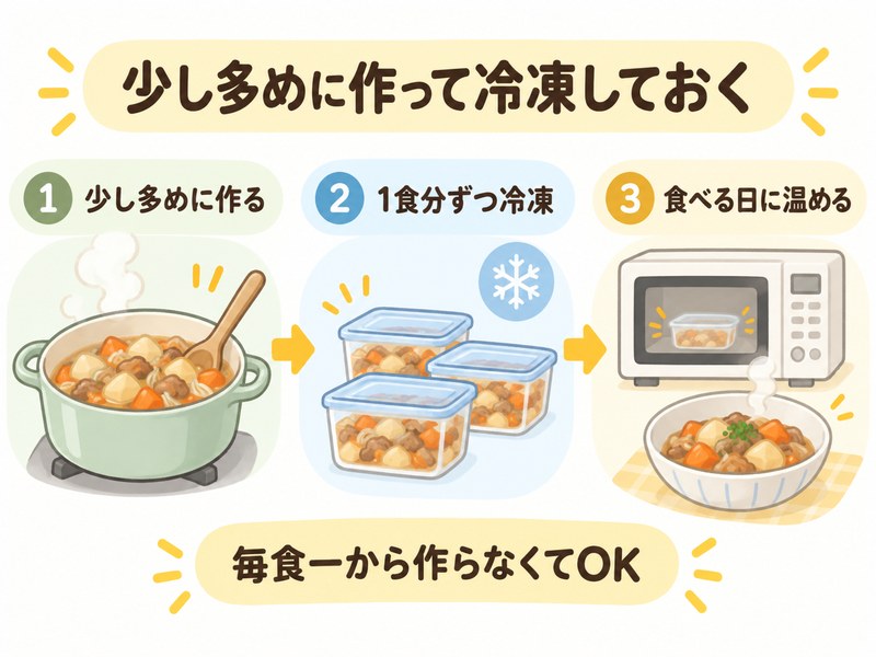 介護食を少し多めに作り、1食分ずつ冷凍して温める流れ