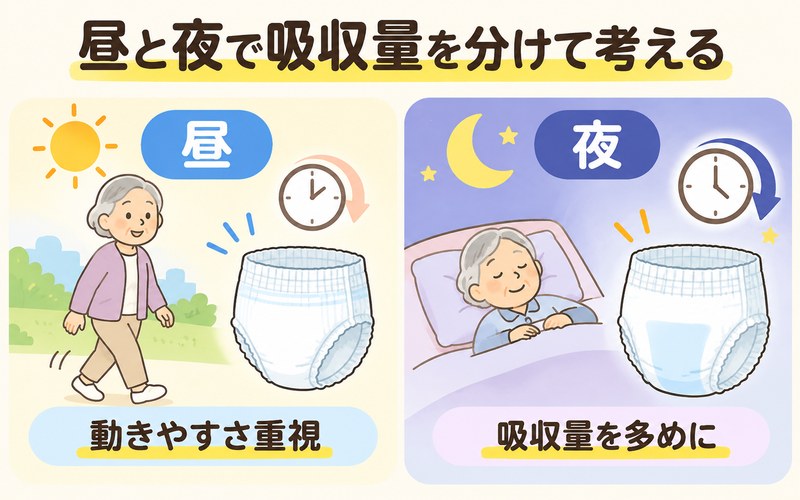 高齢者のおむつは昼と夜で必要な吸収量が異なることを示す図解
