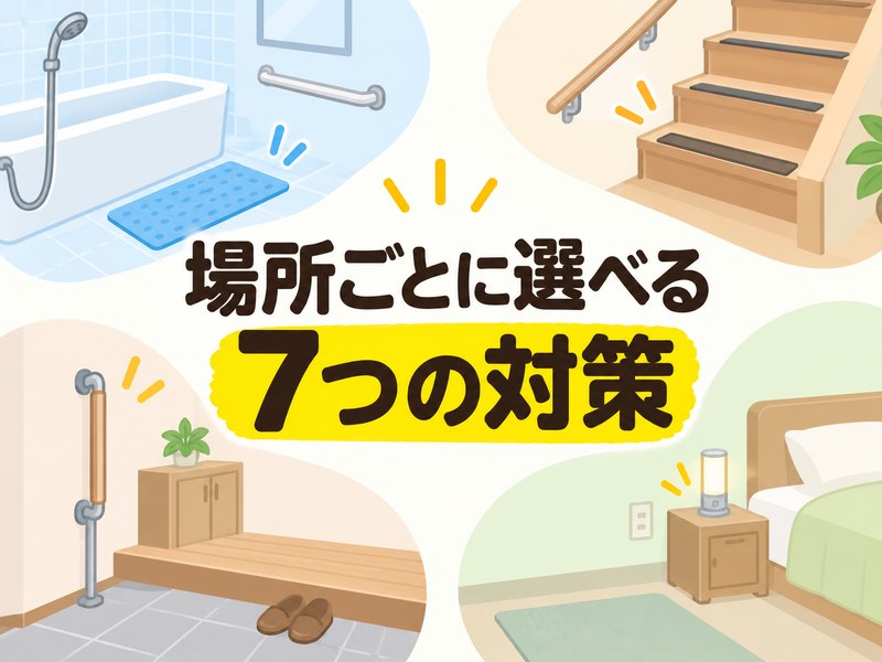 浴室・階段・玄関・寝室の場所別に高齢者の転倒防止グッズを選ぶイラスト