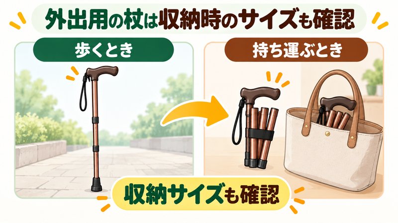 高齢者向けの折りたたみ杖を外出時の収納サイズで比較する図解