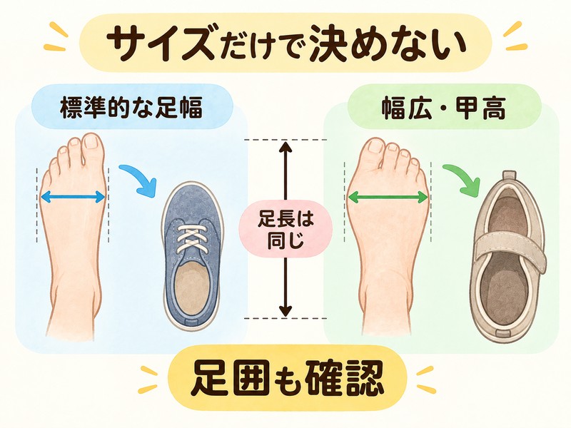 同じ足長でも足幅や甲の高さに合わせて足囲を確認する図解