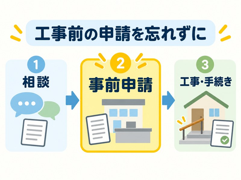 介護保険を使った手すり設置や段差解消の事前申請の流れを示す図解