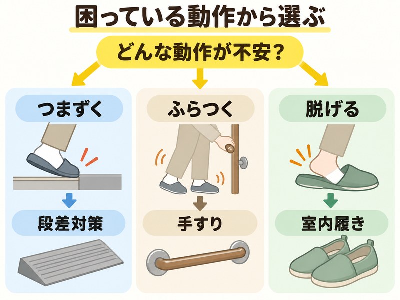 つまずく・ふらつく・脱げるという動作別に転倒防止グッズを選ぶ図解