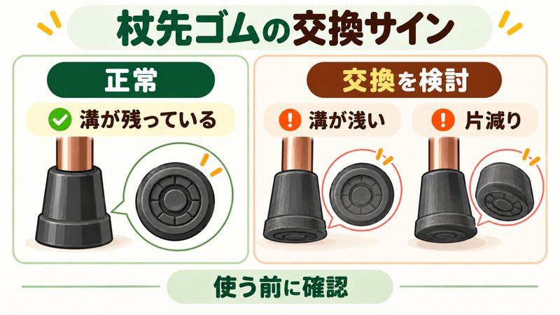 高齢者向けの杖先ゴムの正常な状態と交換サインを比較した図解