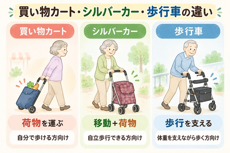 買い物カート・シルバーカー・歩行車の目的の違いを比較した図解