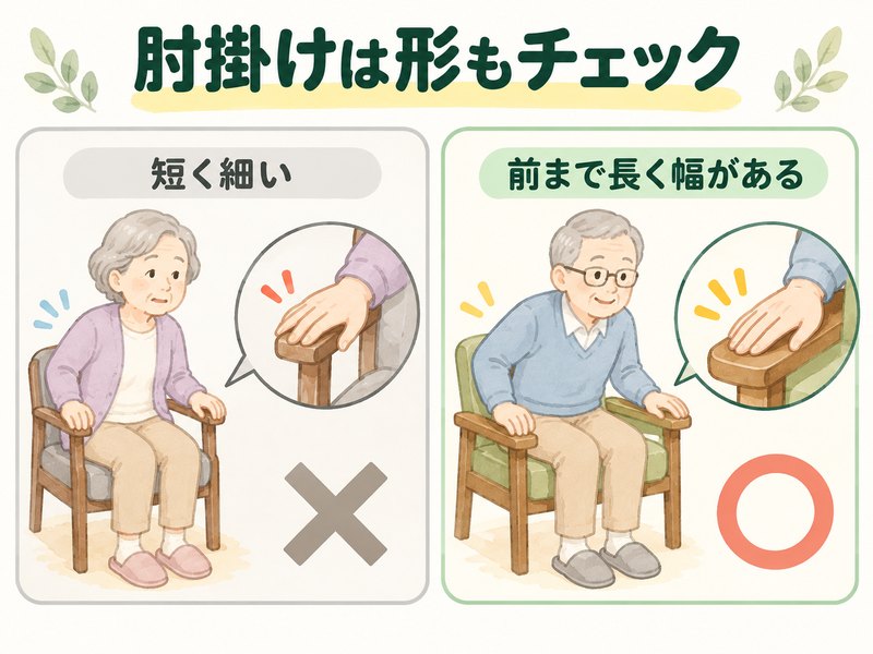高齢者が立ち上がるときに使いやすい肘掛けの形を比較した図解