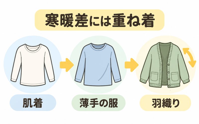 肌着、薄手の服、羽織りを重ねて寒暖差に対応する服装