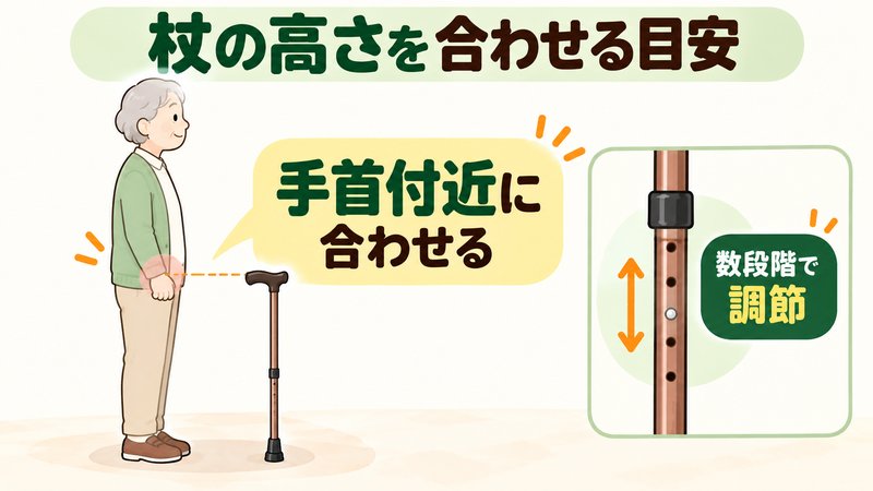 高齢者向けの杖を手首付近の高さに合わせて調節する図解