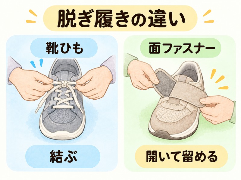 靴ひもと面ファスナーの脱ぎ履きの違いを比較した図解