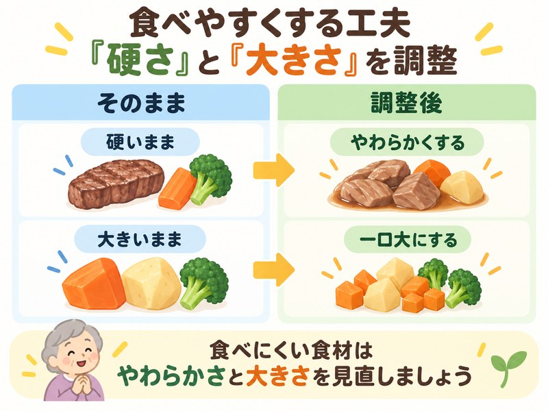 高齢者が食べやすいように、食材の硬さと大きさを調整する方法を示した図解