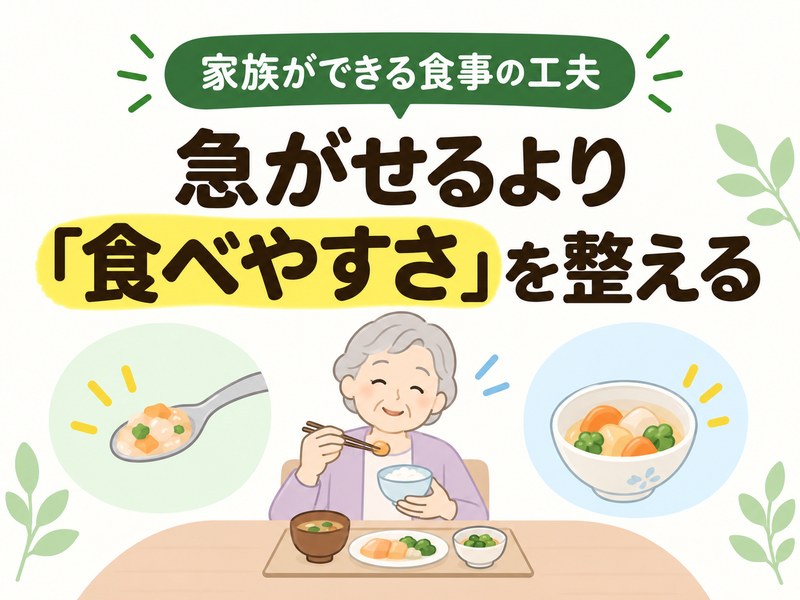 食事に時間がかかる高齢者に向けて、急がせず食べやすさを整える工夫を示したサムネイル