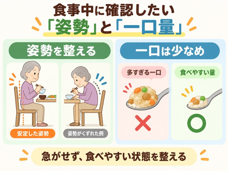 高齢者の食事中に確認したい姿勢と一口量を、安定した姿勢と少なめの一口で示した図解