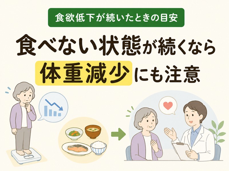 高齢者の食欲不振と体重減少が続くときに医療機関へ相談する目安を示すイラスト