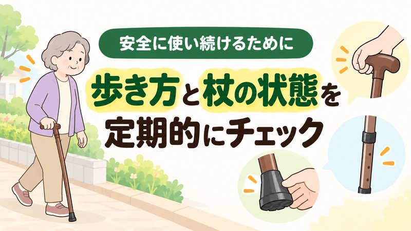 高齢者が杖を使うときに歩き方と杖の状態を確認するイラスト