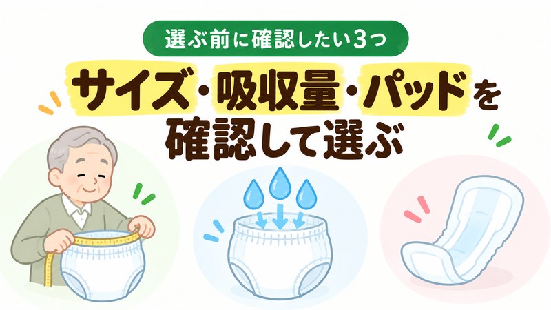 高齢者のおむつをサイズ・吸収量・パッドで選ぶイメージ