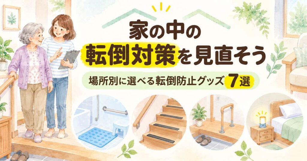 高齢者の転倒防止グッズを場所別に紹介するアイキャッチ画像