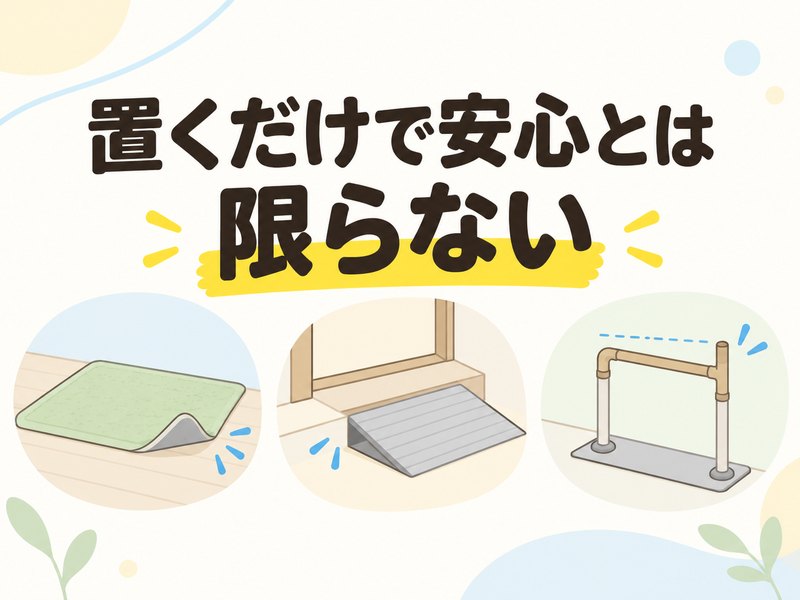 高齢者の転倒防止グッズを選ぶときに、マットやスロープ、手すりの注意点を示すイラスト