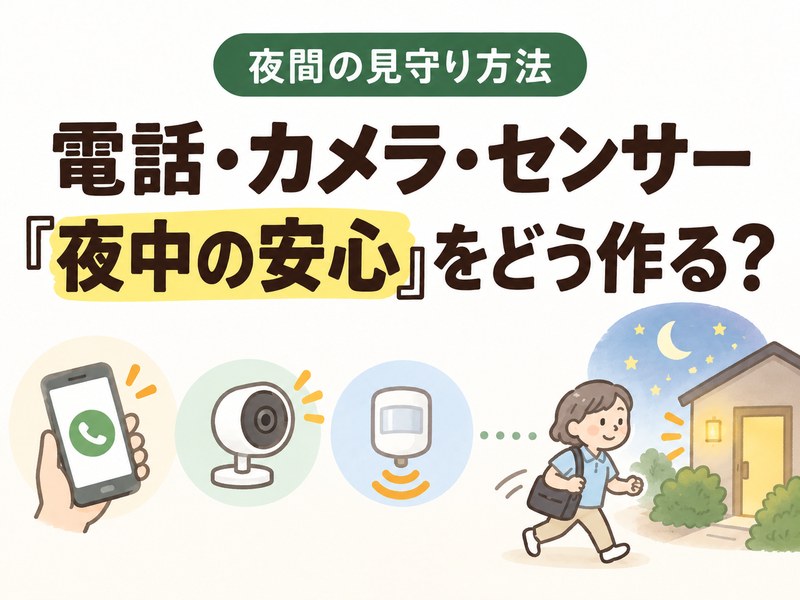 高齢者の夜間見守りで、電話・カメラ・センサー・駆けつけの方法を比べるイラスト